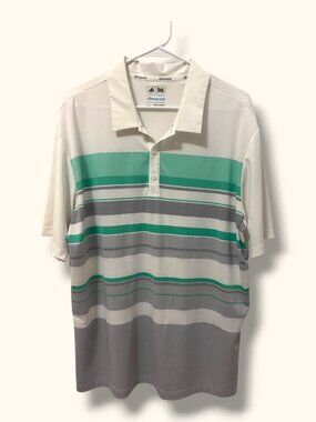 Adidas Polo Shirt Mens XL Climacool Striped Golf Short Sleeve White Mint Gray